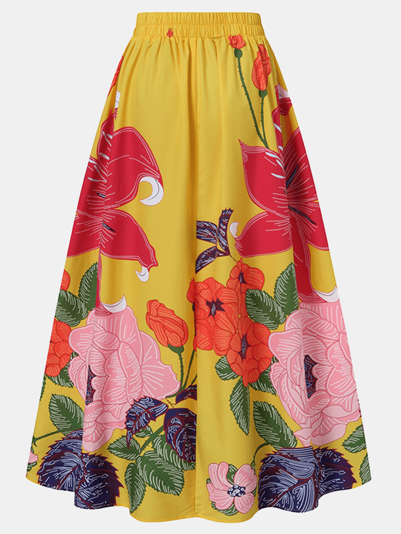 Women Floral Print Casual Elastic High Waisted Holiday Maxi Skirts with Pocket - MRSLM