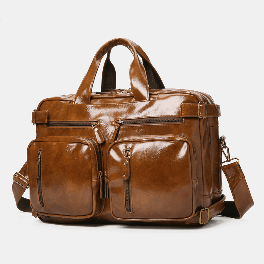 Ekphero Men Vintage Business Multi-Pockets Backpack Large Capacity Waterproof Multi-Carry Briefcase Crossbody Bag - MRSLM