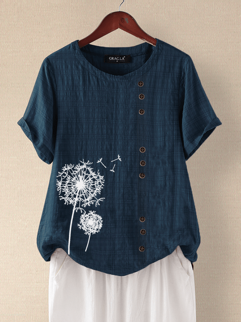 Floral Print Plaid Short Sleeve Overhead O-Neck Casual T-Shirt - MRSLM