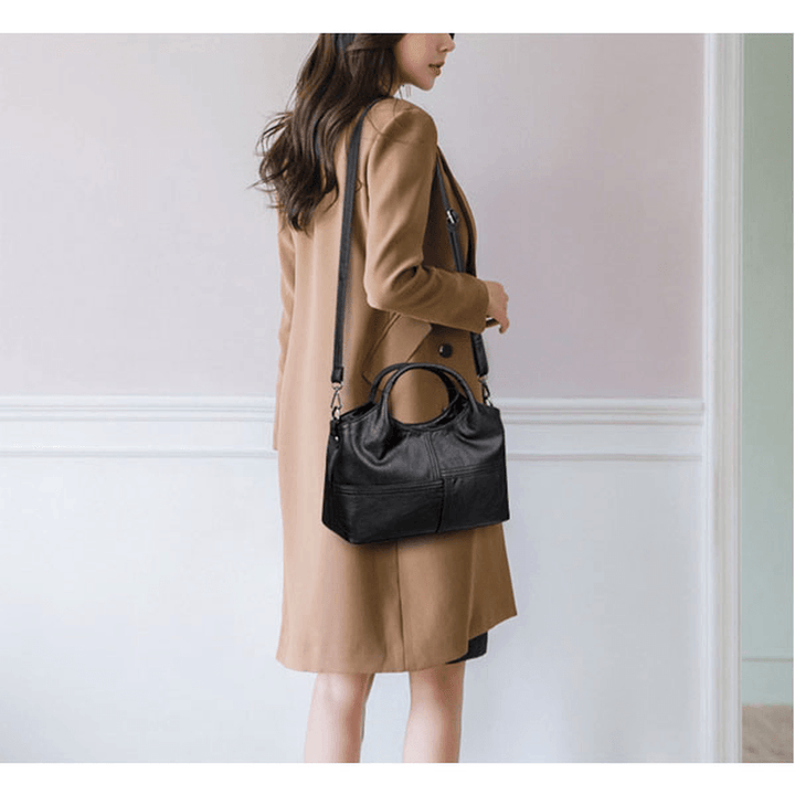 Women PU Soft Leather Handbags Stitching Solid Large Capacity Shoulder Bags - MRSLM