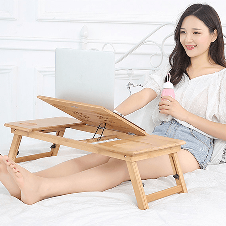 Bamboo Laptop Desk Adjustable Portable Breakfast Serving Bed Tray Multifunctional Table with Tilting Top Storage Drawer - MRSLM