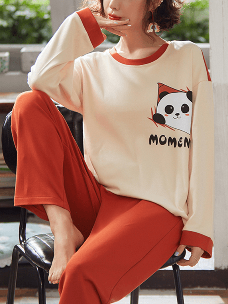 Women Cartoon Panda & Letter Print Long Sleeve Top Loose Pants Two Piece Home Pajama Set - MRSLM