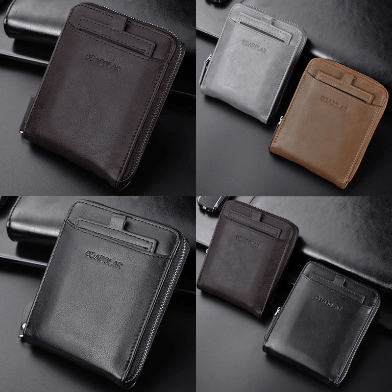 Men Faux Leather RFID Anti-Theft Retro Zipper Card Holder Wallet - MRSLM
