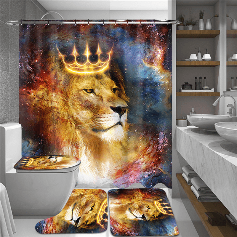 180Cmx180Cm Crown Lion Shower Curtain Set Waterproof Shower Mat Set - MRSLM