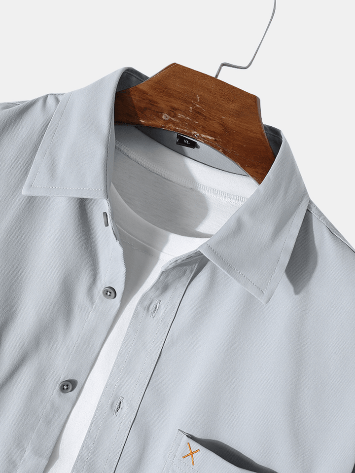 Mens Long Sleeve Solid Pocket Turn-Down-Collar Shirts - MRSLM