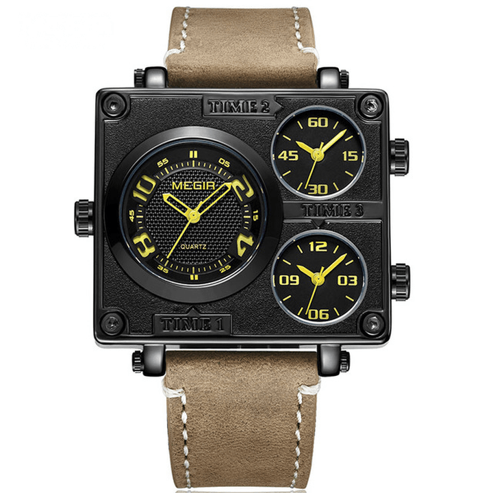 MEGIR 2069 Square Dial Multi Time Zone Genuine Leather Retro Fashion Men Watch Quartz Watch - MRSLM