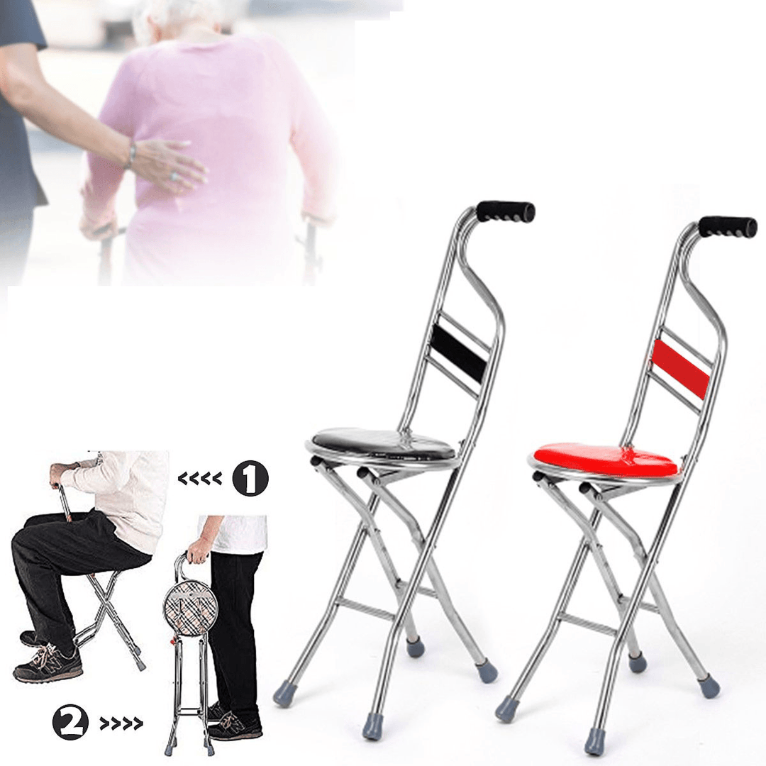 Multipurpose 2 in 1 Ergonomic Design Folding Walking Stick Stool Stainless Steel Walking Chair for the Elderly - MRSLM