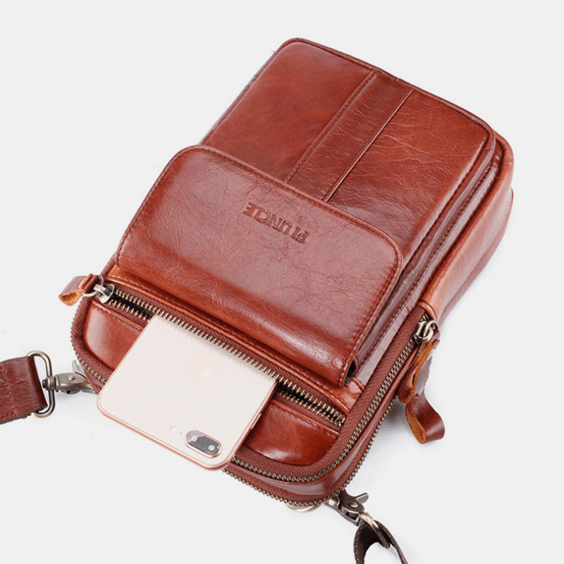 Men Genuine Leather Retro Business Multi-Function Chest Bag Shoulder Bag Cross Body Bag - MRSLM