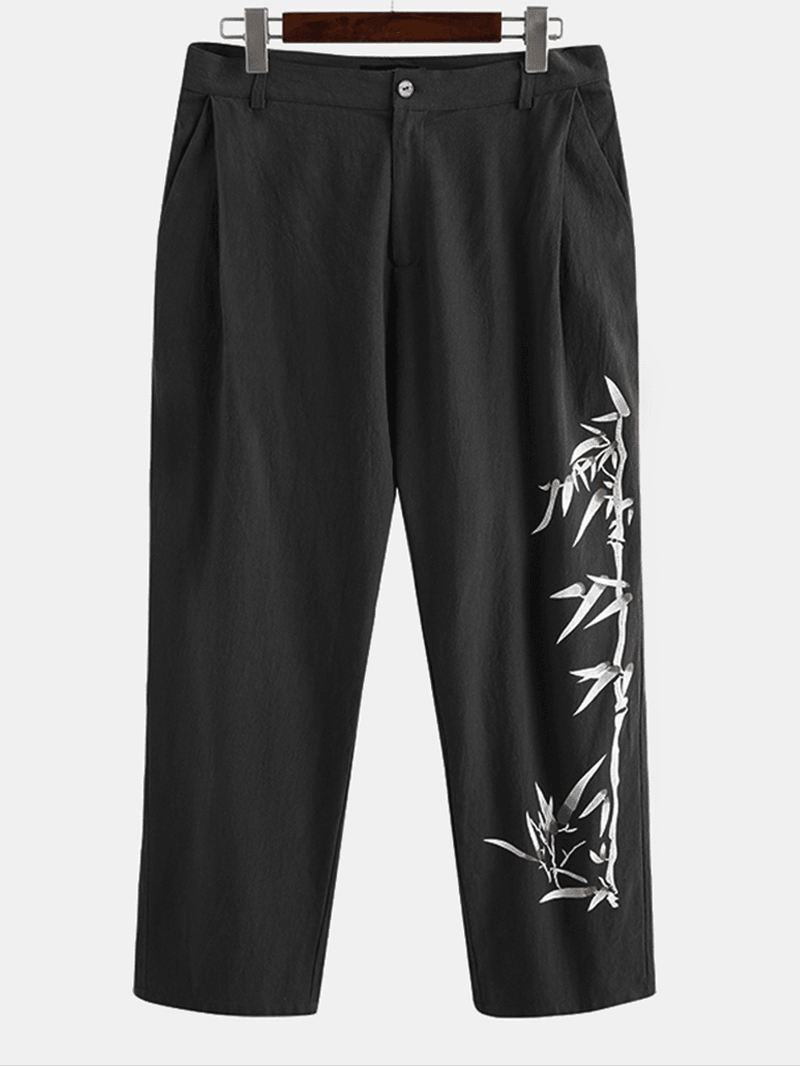 Mens Cotton Oriental Bamboo Print Breathable Button Casual Pants - MRSLM