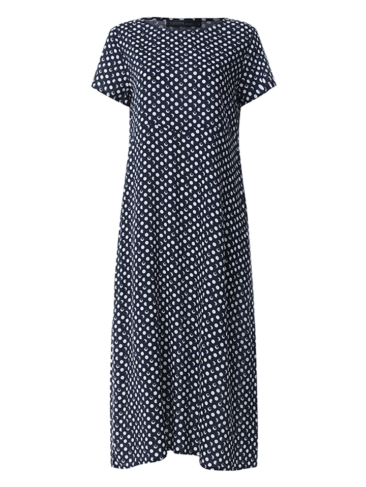 Crewneck Polka Dot Print Short Sleeve Midi Dress - MRSLM