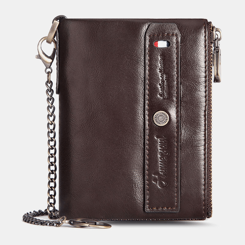 Men Genuine Leather Double Zipper Coin Purse RFID Anti-Magnetic 8 Card Slot Card Case Wallet - MRSLM