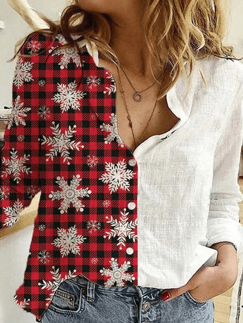 Women Patchwork Plaid Snowflake Graphics Christmas Long Sleeve Shirts - MRSLM