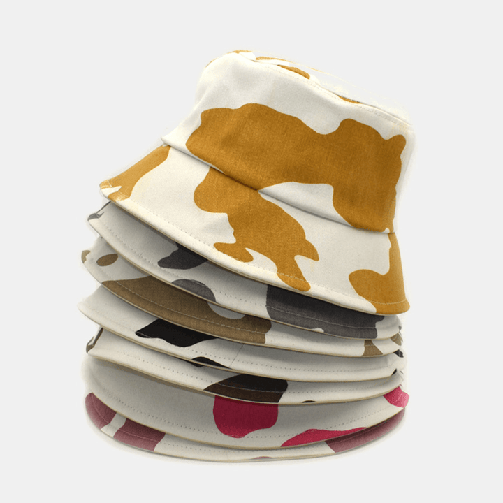 Women Cow Pattern Printing Bucket Hat Cotton Color Contrast All-Match Sunscreen Sunshade Hat - MRSLM