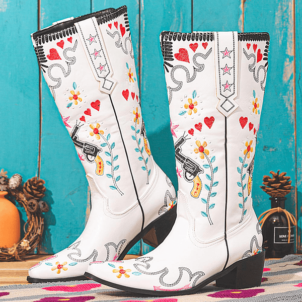 Women Floral Sweet Embroidery Leather Pointy-Toe Chunky Heel Mid-Calf Knight Boots - MRSLM