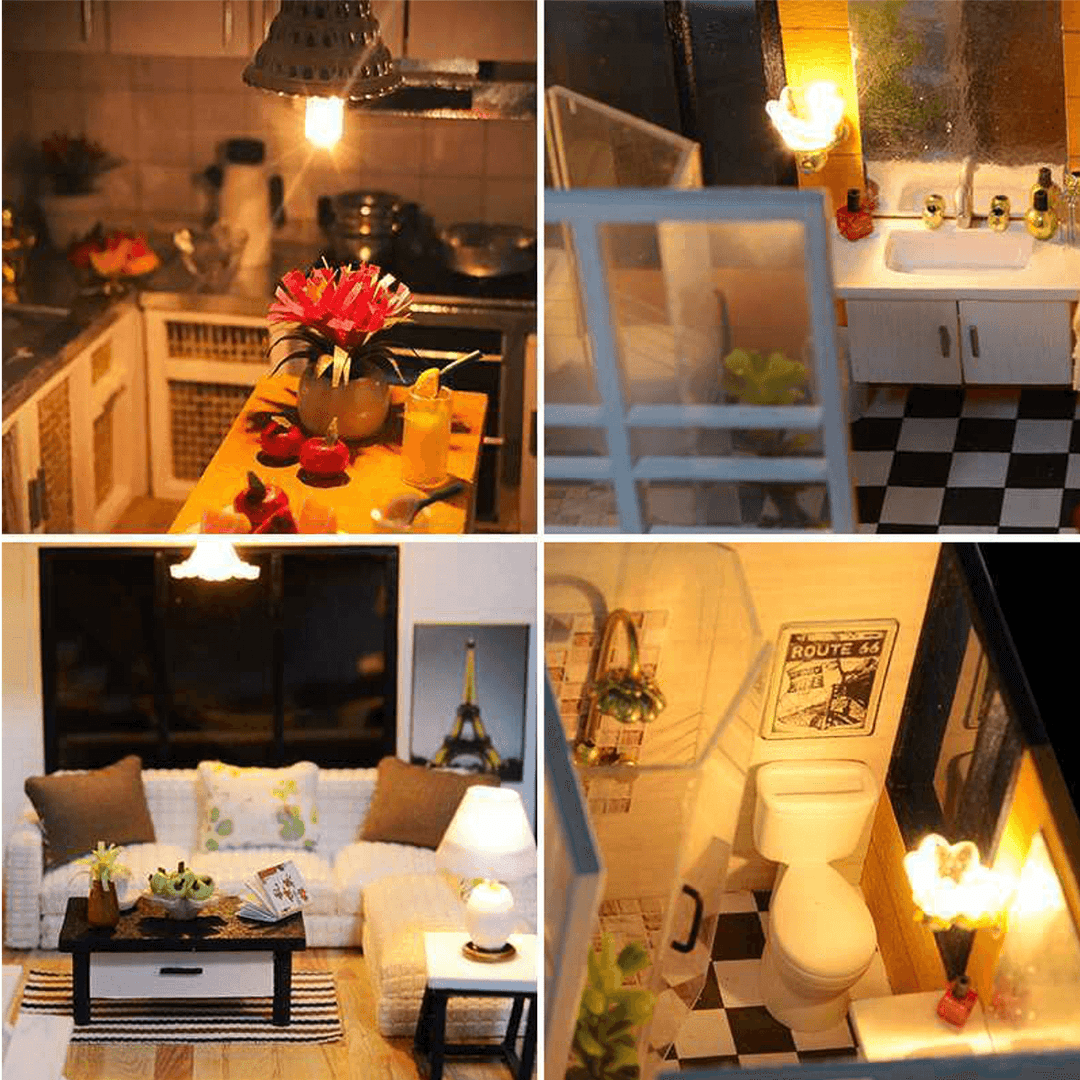 Loft Apartments Miniature Dollhouse Wooden Doll House Furniture LED Kit Christmas Birthday Gifts - MRSLM