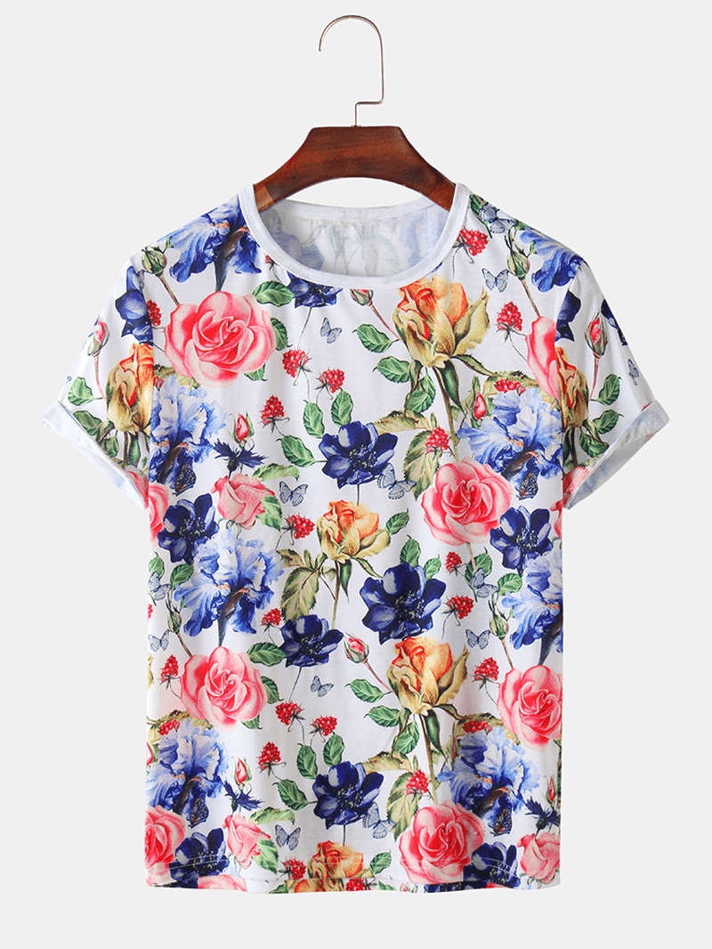 Mens Rose Floral Print Holiday Casual Short Sleeve T-Shirts - MRSLM