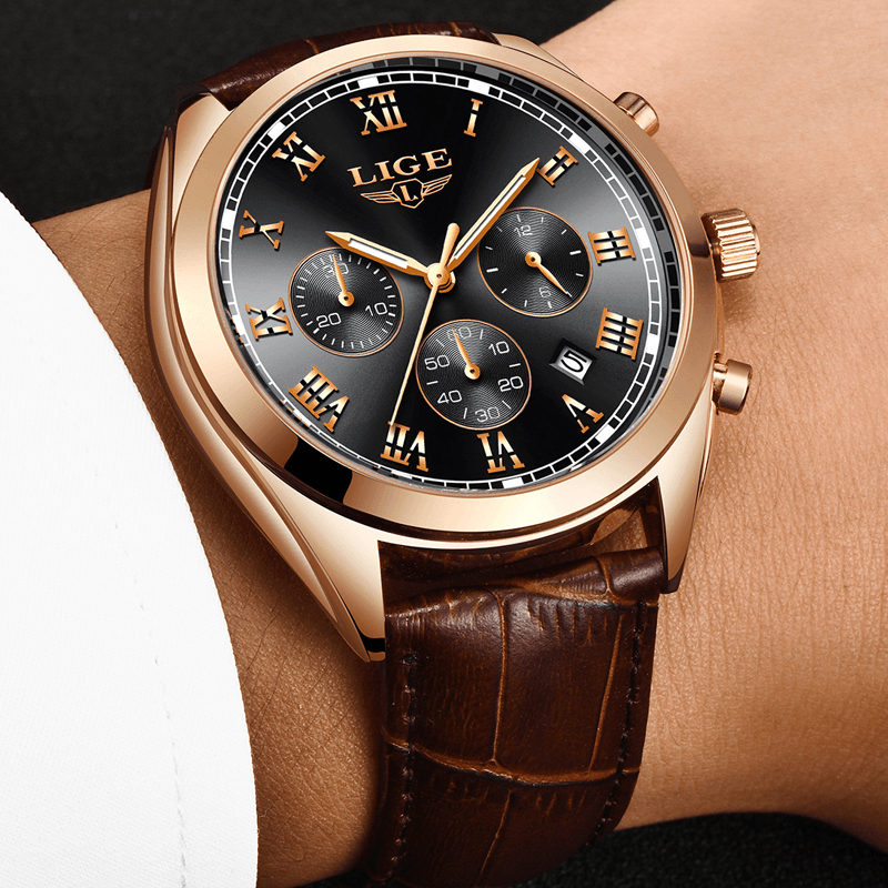 LIGE 9852 Waterproof Luminous Display Men Wrist Watch Fashion Leather Strap Quartz Watch - MRSLM