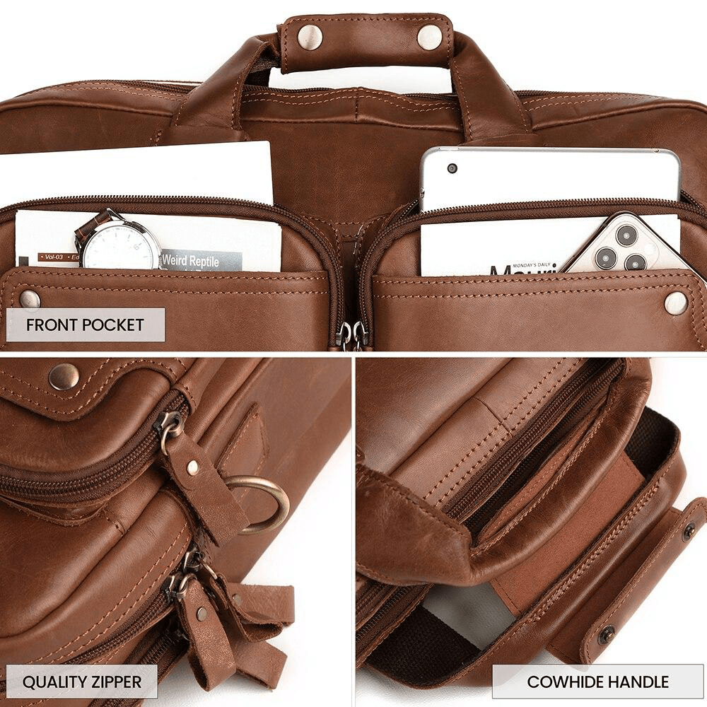 Ekphero Men Double Layer Pocket Anti-Theft Handbag Retro Multi-Pocket 13.3 Inch Laptop Bag Crossbody Shoulder Bags - MRSLM
