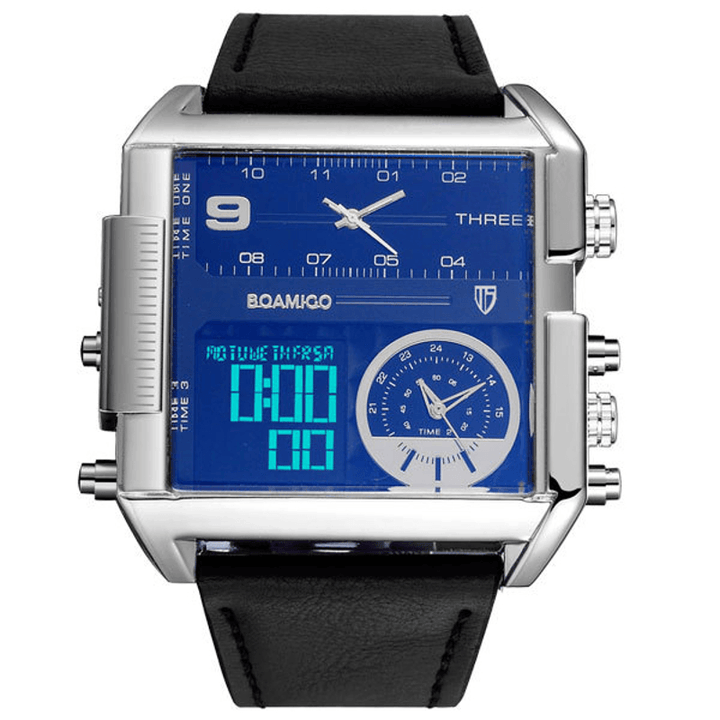 BOAMIGO F920 Fashion Men Digital Watch Creative Dial Week Month Display Chronograph 3 Time Zone Leather Strap Dual Display Watch - MRSLM