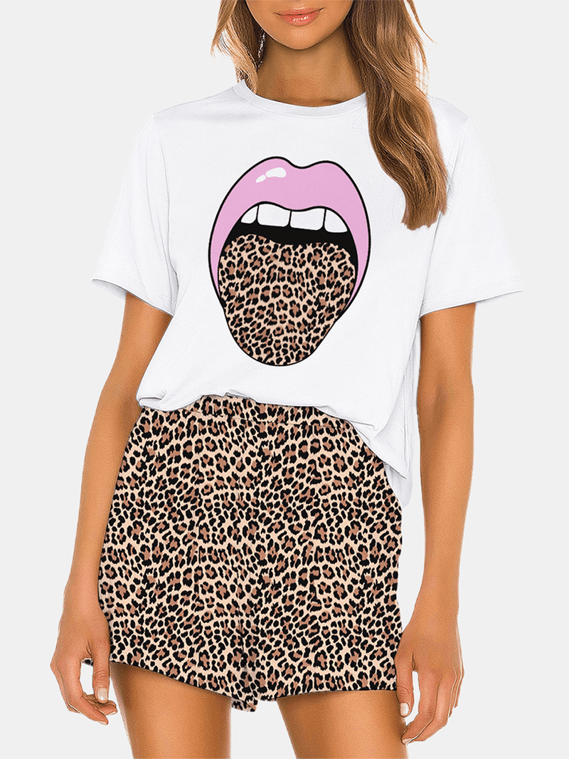 Women Funny Leopard Print round Neck Short Sleeve Breathable Pajama Set - MRSLM
