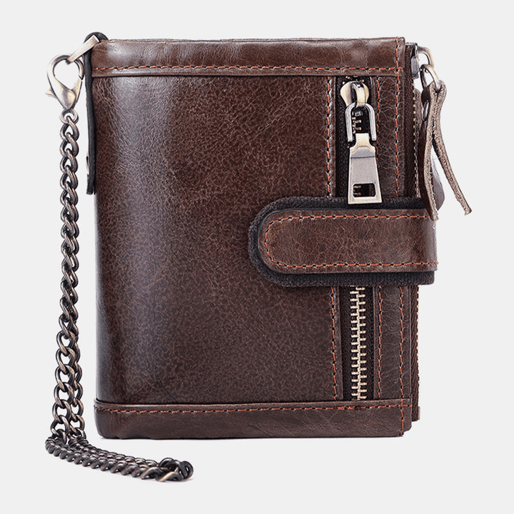 Men Genuine Leather RFID Anti-Theft Retro Zipper Cowhide Chain Multi-Slot Card Holder Wallet - MRSLM