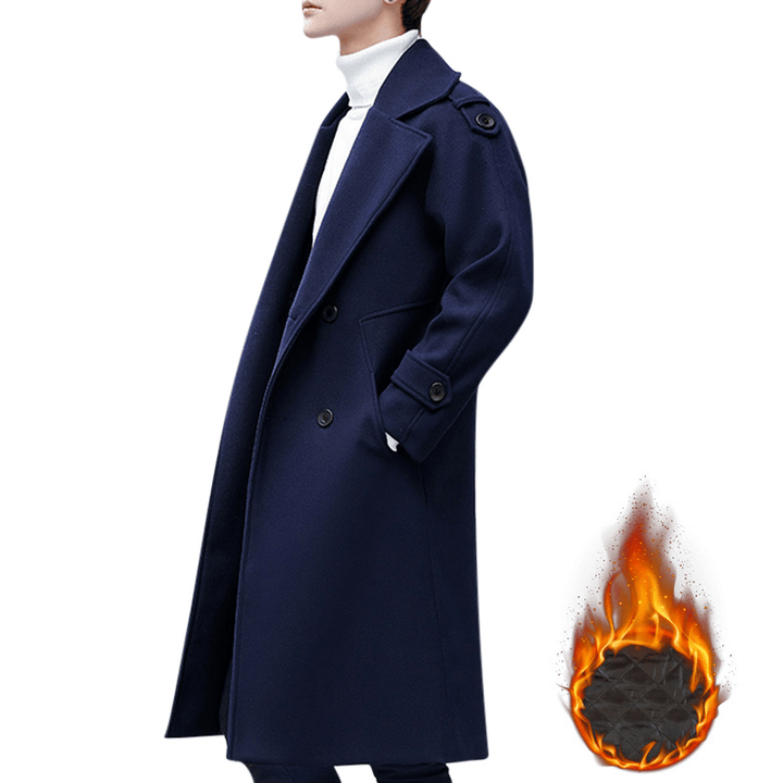 Mens Slim Mid Long Double Breasted Thick Warm Stylish Trench Coat Woolen Overcoat - MRSLM