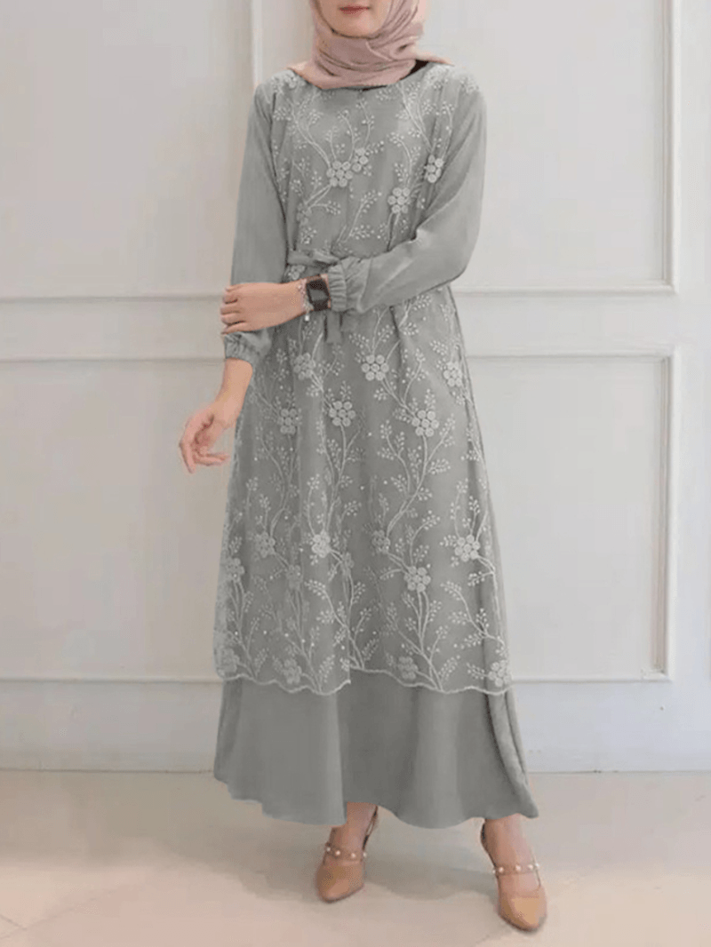 Women Flowers Embroidery Stitching Lace up Casual Elastic Cuffs Maxi Dresses - MRSLM