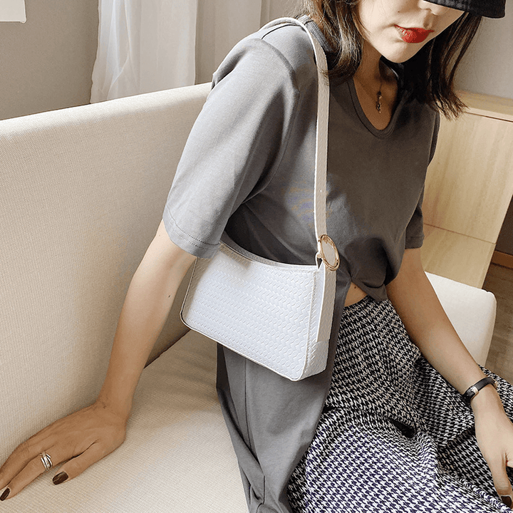 Women Weave Solid Color Casual Tote Shoulder Bag Handbag - MRSLM