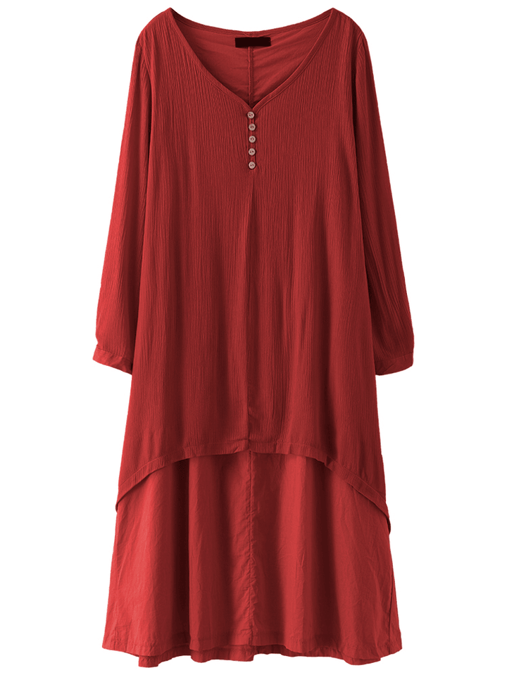 Women Long Sleeve Double Layers Button Asymmetric Vintage Maxi Dress - MRSLM