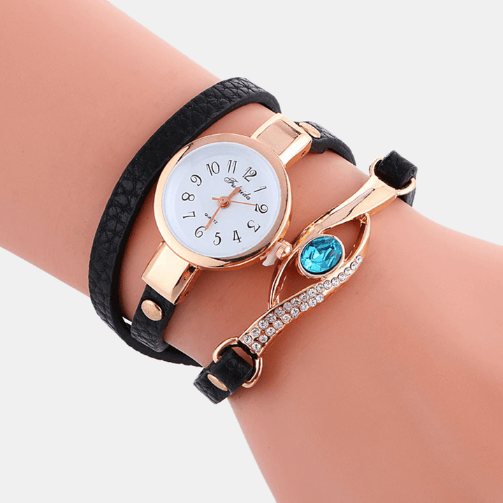 Retro Pu Strap Rhinestone Multi-Layer Lady Watch Metal Blue Crystal Adjustable Wrist Watch Quartz Watch - MRSLM