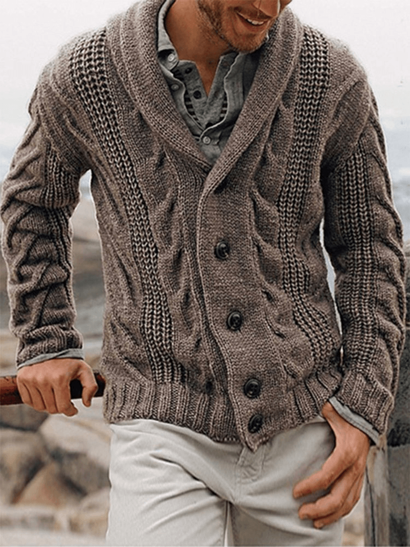 Mens Rib-Knit Button Front Lapel Solid Casual Long Sleeve Cardigans - MRSLM
