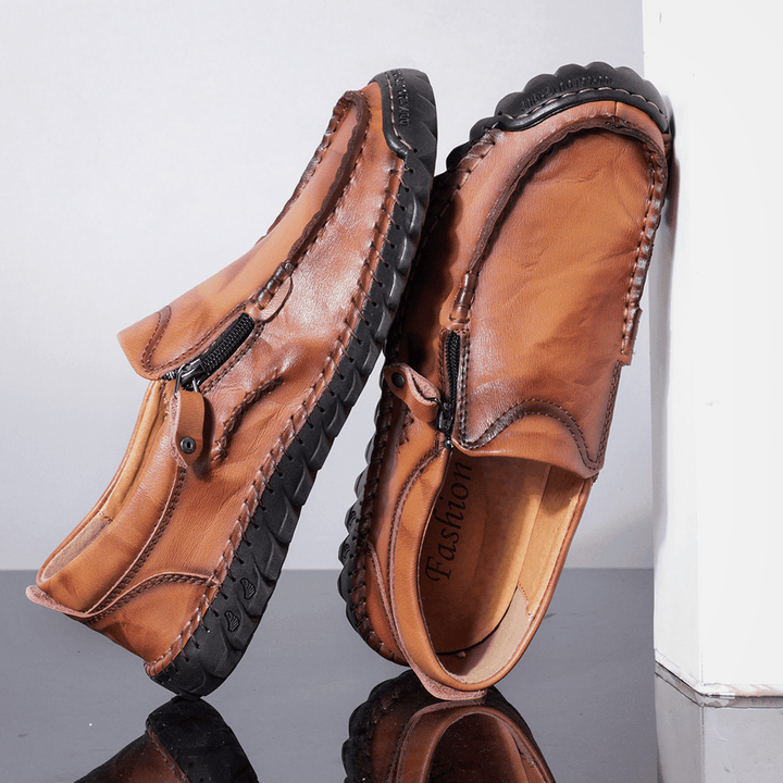 Menico Men Leather Hand Stitching Non Slip Side Zipper Casual Flats - MRSLM