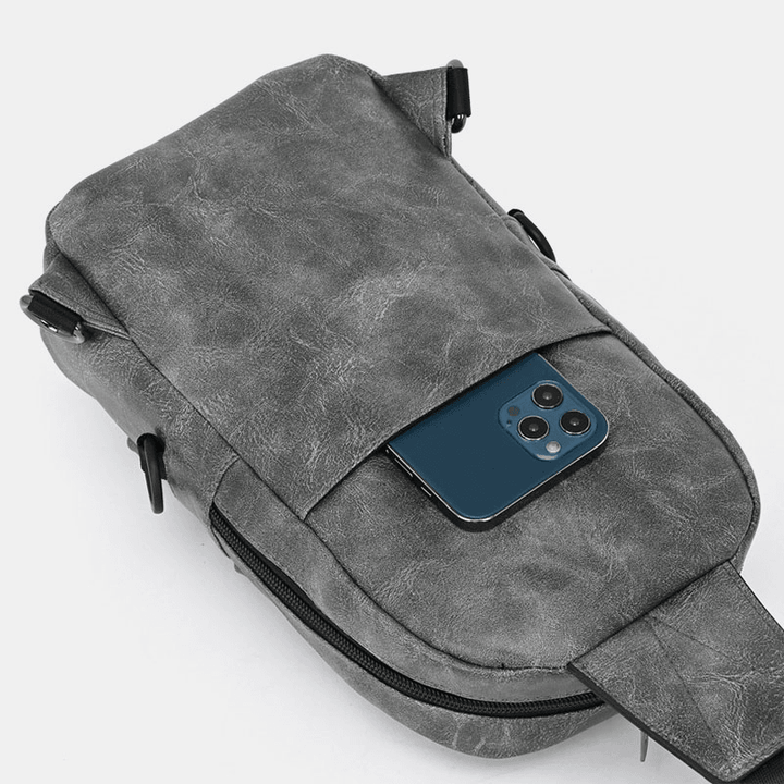 Men PU Leather Waterproof Multi-Pocket Headphone Hole Casual Chest Bags Shoulder Bag Crossbody Bags - MRSLM