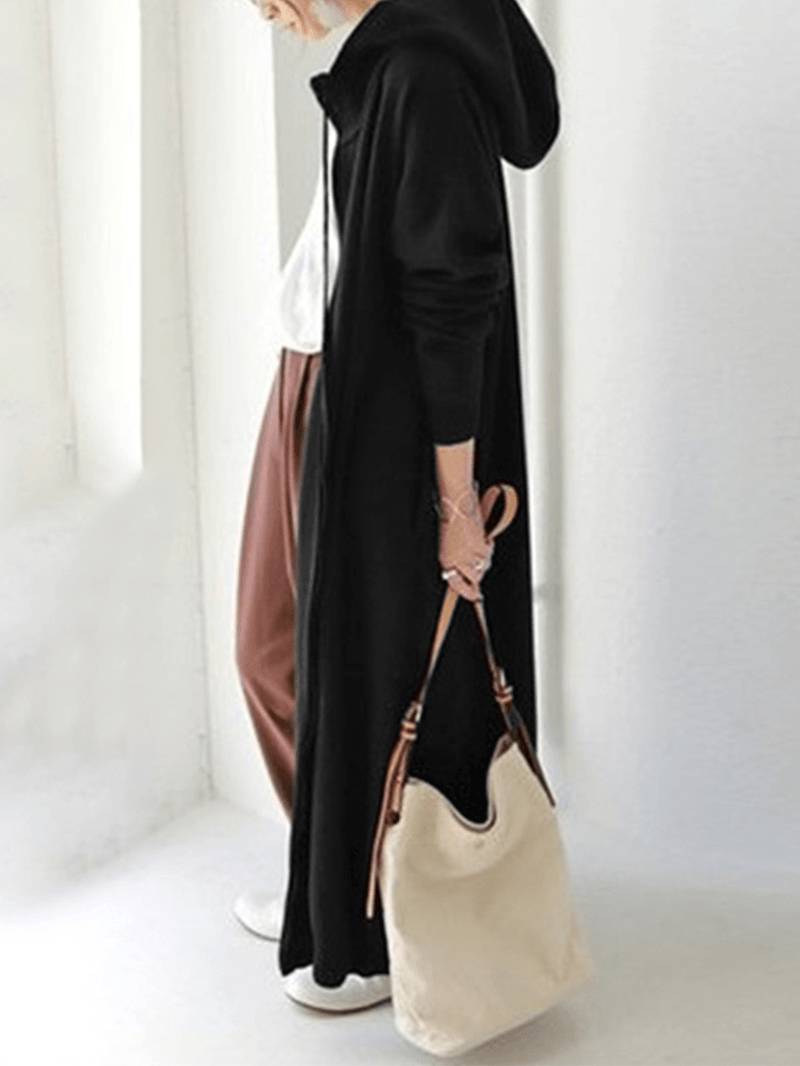 Women Solid Color Zipper Longline Hooded Jacket with Side Pockets - MRSLM