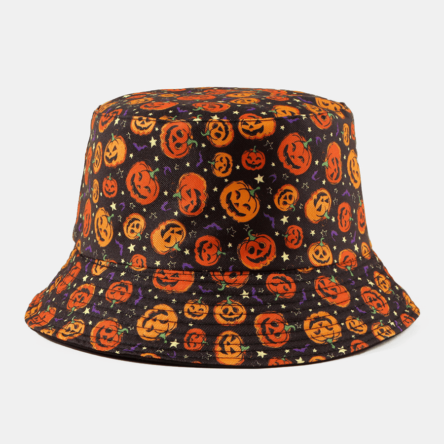 Unisex Pumpkin Ghost Skull Pattern Halloween Bucket Hat Casual Funny Foldable Sunshade Hat - MRSLM