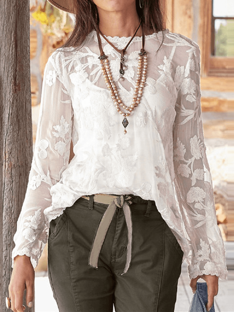 Solid Lace Patchwork O-Neck Long Sleeve Button Back Two-Piece Casual Blouse - MRSLM
