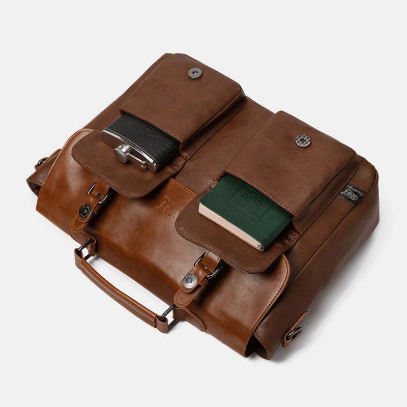 Men Vintage Multifunction Double Front Pocket Teacher Bag Briefcase 14 Inch Laptop Bag Crossbody Shoulder Bag - MRSLM