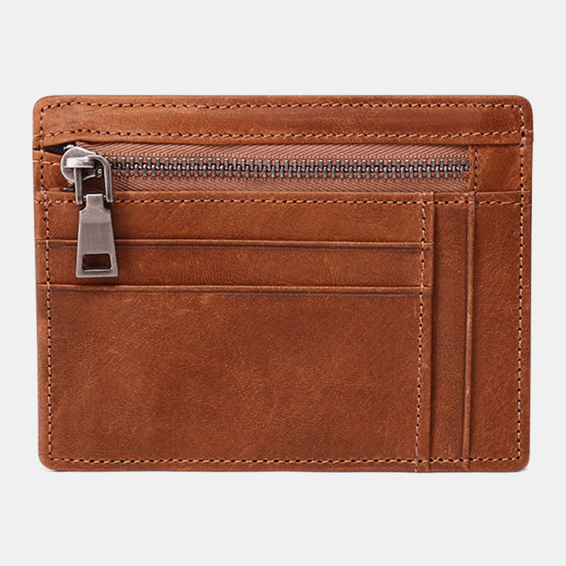 Men Genuine Leather Viintage RFID Blocking Anti-Theft Thin Cash Wallet Zipper Coin Bag - MRSLM