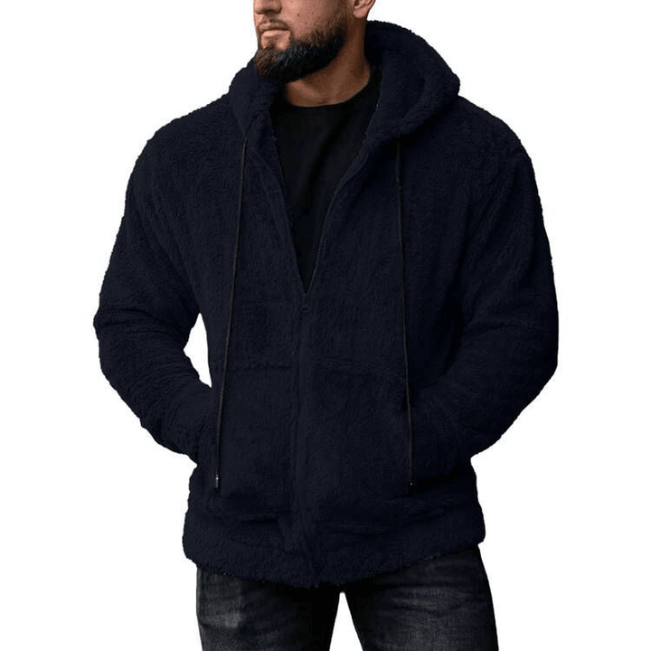 Men'S Solid Color Plush Cardigan Hooded Jacket - MRSLM