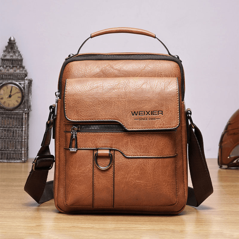 Men PU Leather Retro Business Large Capacity Multi-Pocket Solid Color Shoulder Bag Crossbody Bag - MRSLM