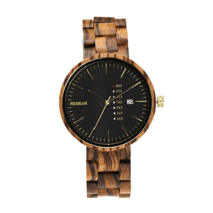 REDEAR SJ1488 Fashion Men Wooden Watch Date Week Display Wooden Strap Quartz Watch - MRSLM