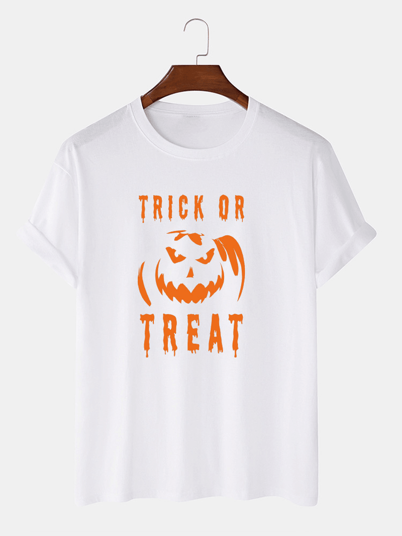 Mens 100% Cotton Letter & Pumpkin Print Halloween Short Sleeve T-Shirts - MRSLM
