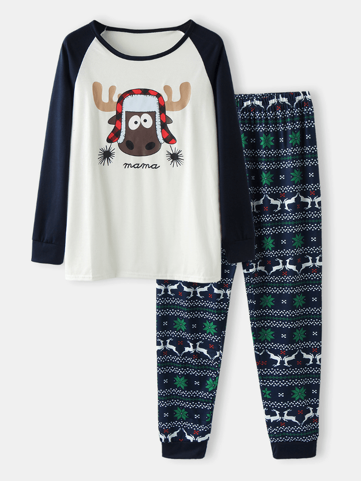 Women Cartoon Elk Print Raglan Sleeves Top Print Elastic Waist Pants Home Christmas Pajama Set - MRSLM