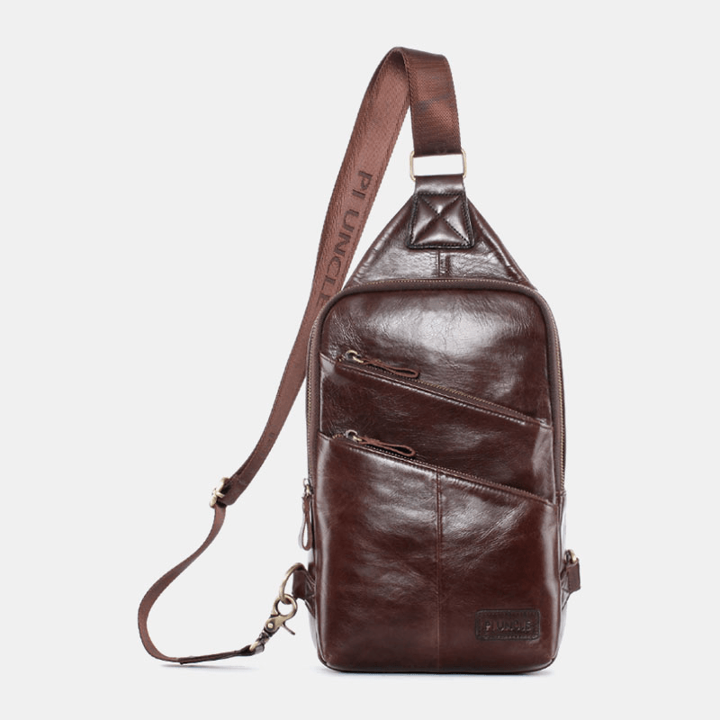 Men Genuine Leather Casual Solid Business Crossbody Bag Shoulder Bag Chest Bag - MRSLM