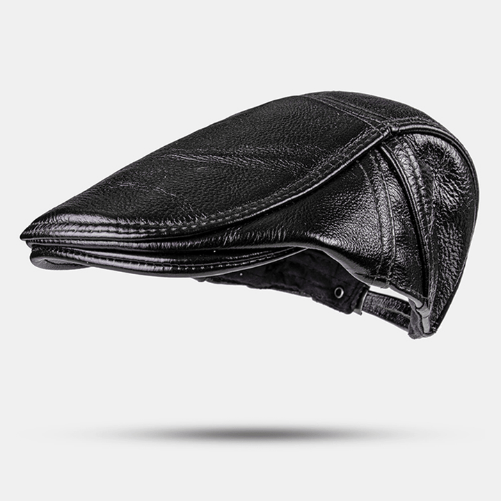 Men Genuine Leather plus Thick Keep Warm Casual Forward Hat Beret Hat - MRSLM