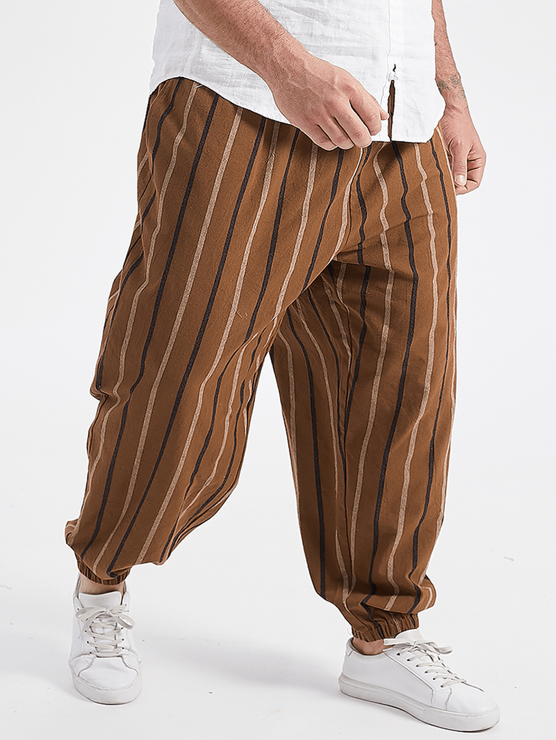 Plus Size Mens Vintage Striped Print Mid Waist Cotton Jogger Pants - MRSLM