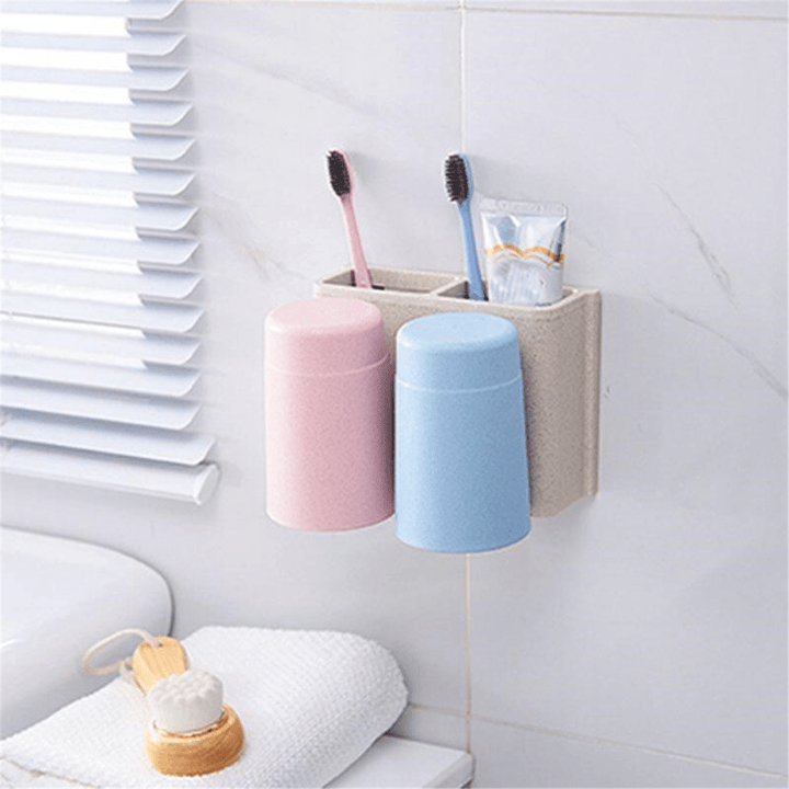 Multifunctional Wheat Straw 6 Toothbrushes Holder 2 Cups Suction Stand Home Bathroom Wall Mount - MRSLM