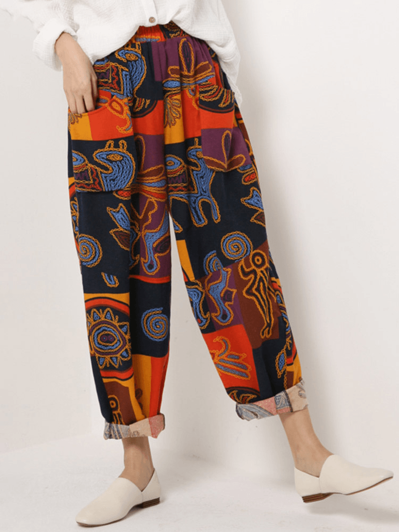 Ethnic Women Floral Print Elastic Waist Pockets Pants - MRSLM