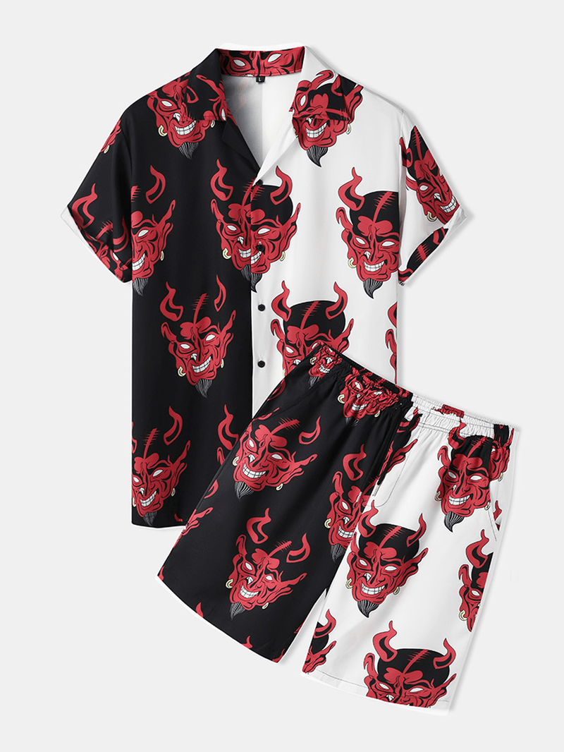 Mens Evil Pattern Casual Shirts Shorts Two Pieces Outfits - MRSLM