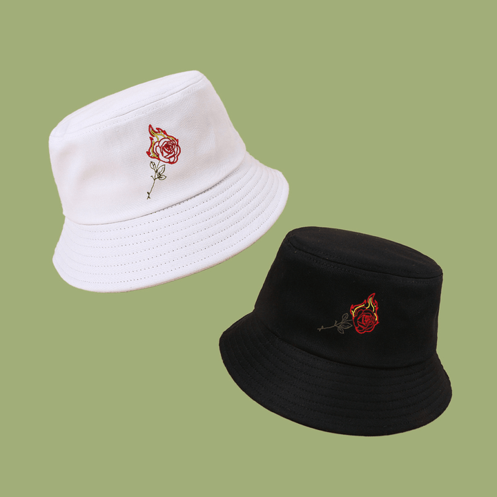 Unisex Flame Rose Embroidery Sun Hat Cotton Simple Sunscreen Bucket Hat - MRSLM